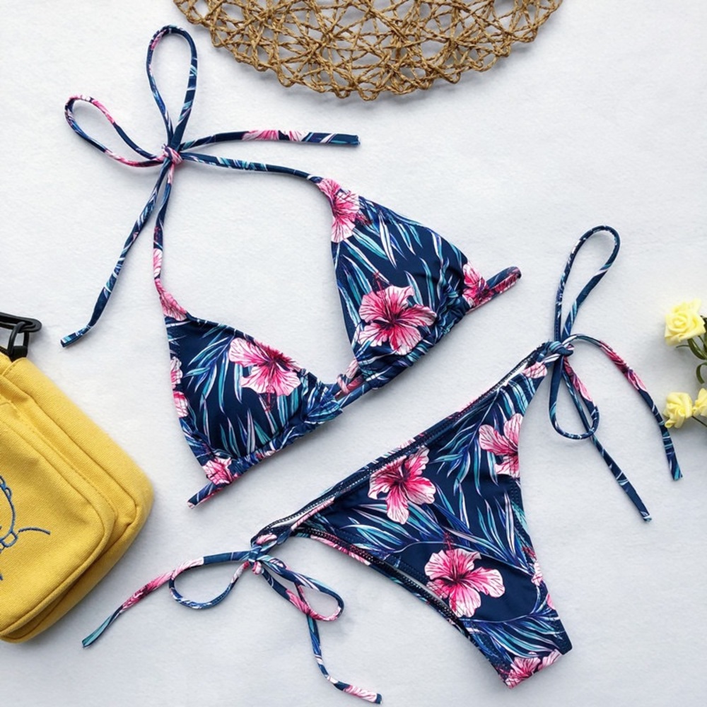 ♦️⛱ Floral Strap Ties Bikini Set Dark - Picture 2 of 4